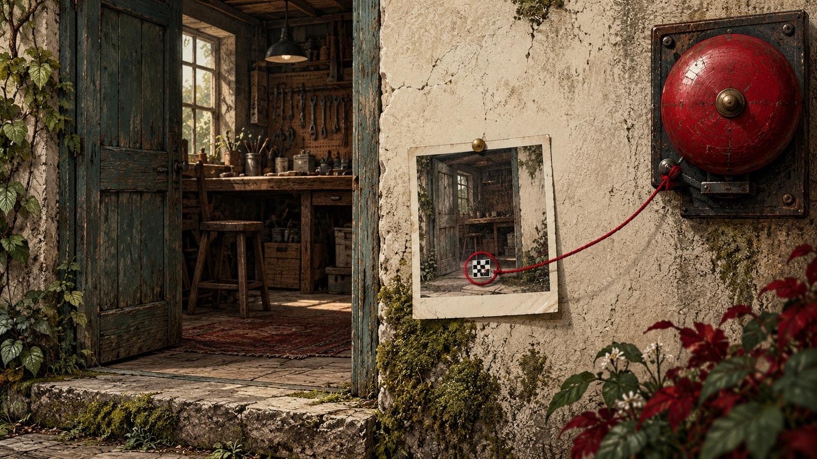 A framed decoy image in an empty room connects by a red wire to a wall-mounted alarm bell.