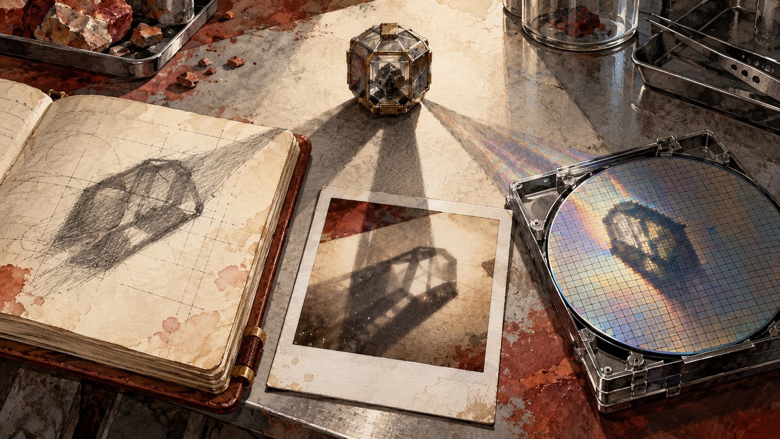 A notebook, photograph, optical disc and faceted reference object rest together on an evidence table.