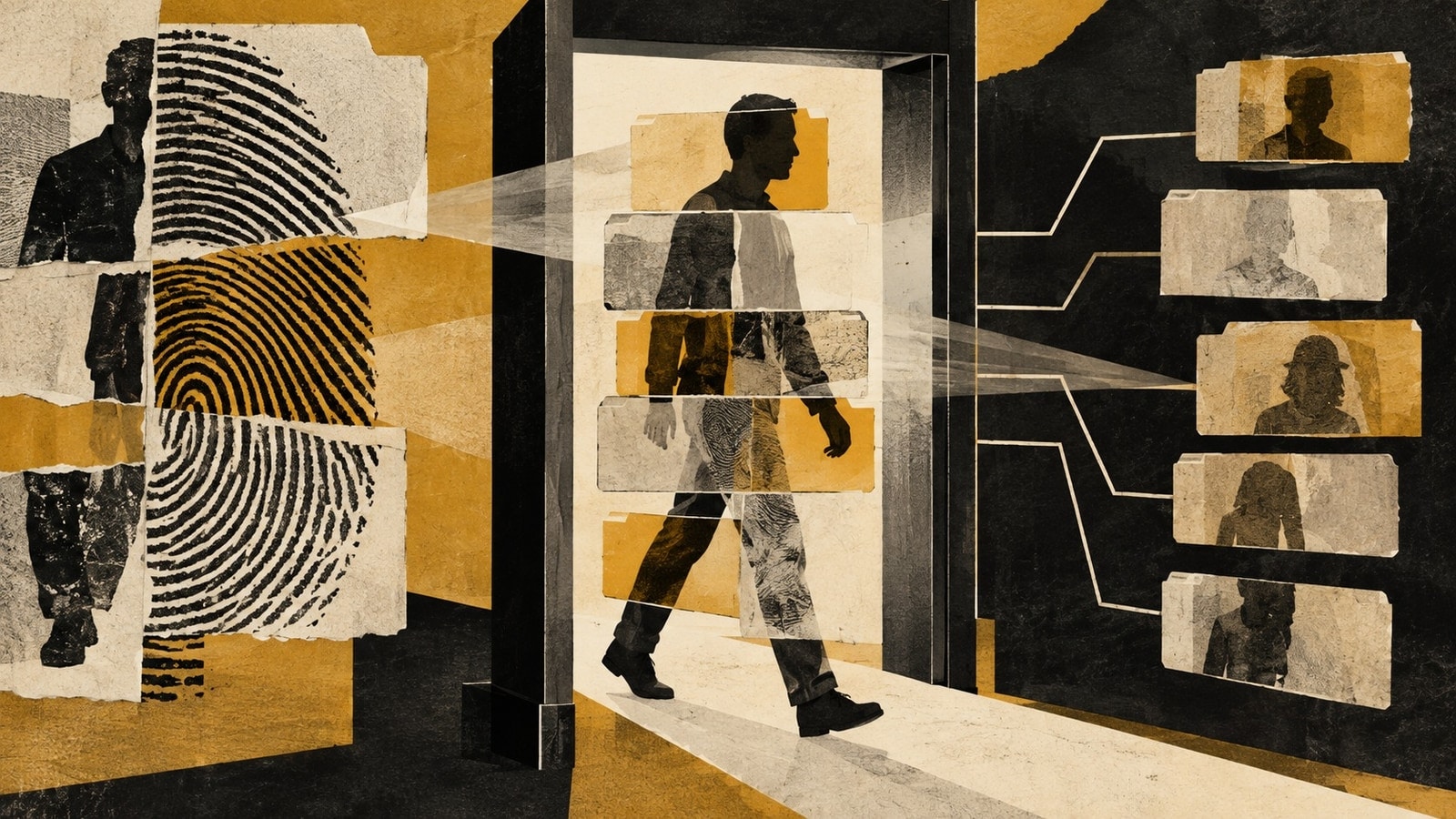 A biometric collage combines a fingerprint, a walking silhouette and a branching gallery of identity records.