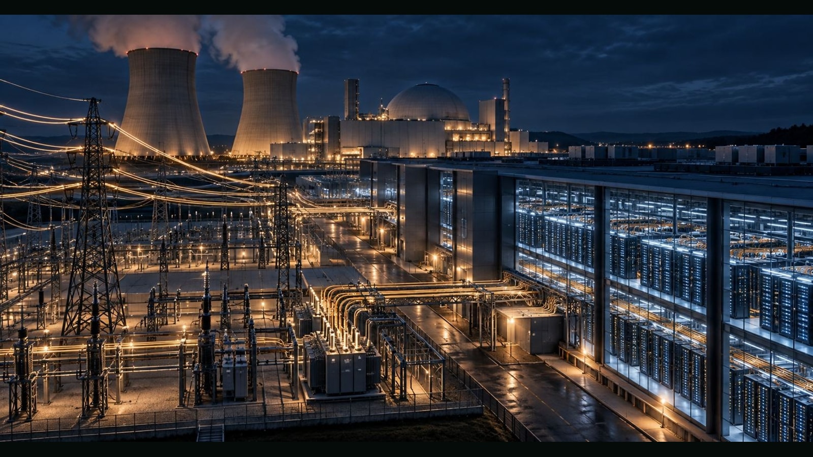 A nuclear power station, high-voltage substation and large AI data center joined into one industrial complex at night.