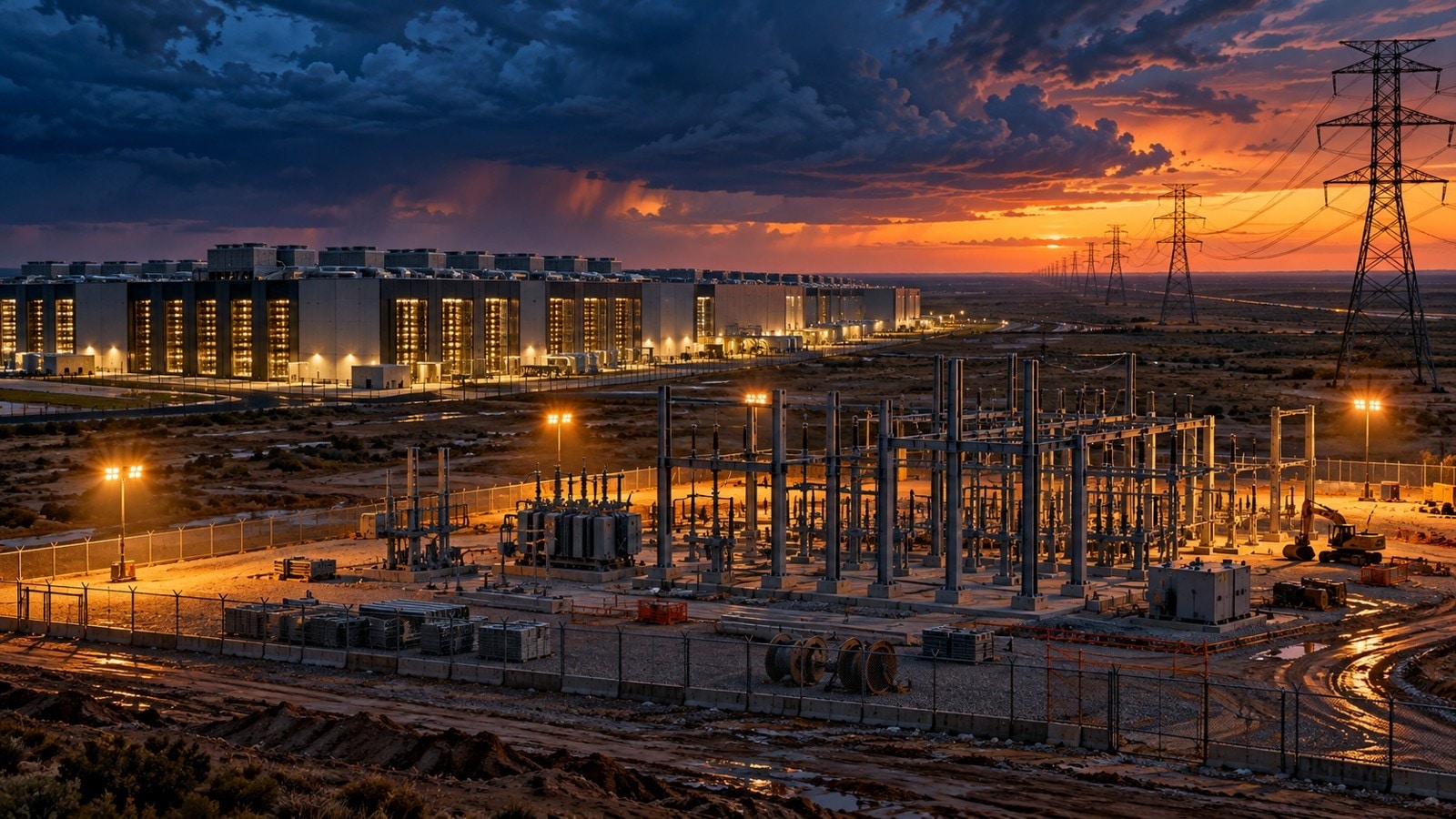 Conceptual data center construction site beside an unfinished fenced substation and distant transmission lines at dusk