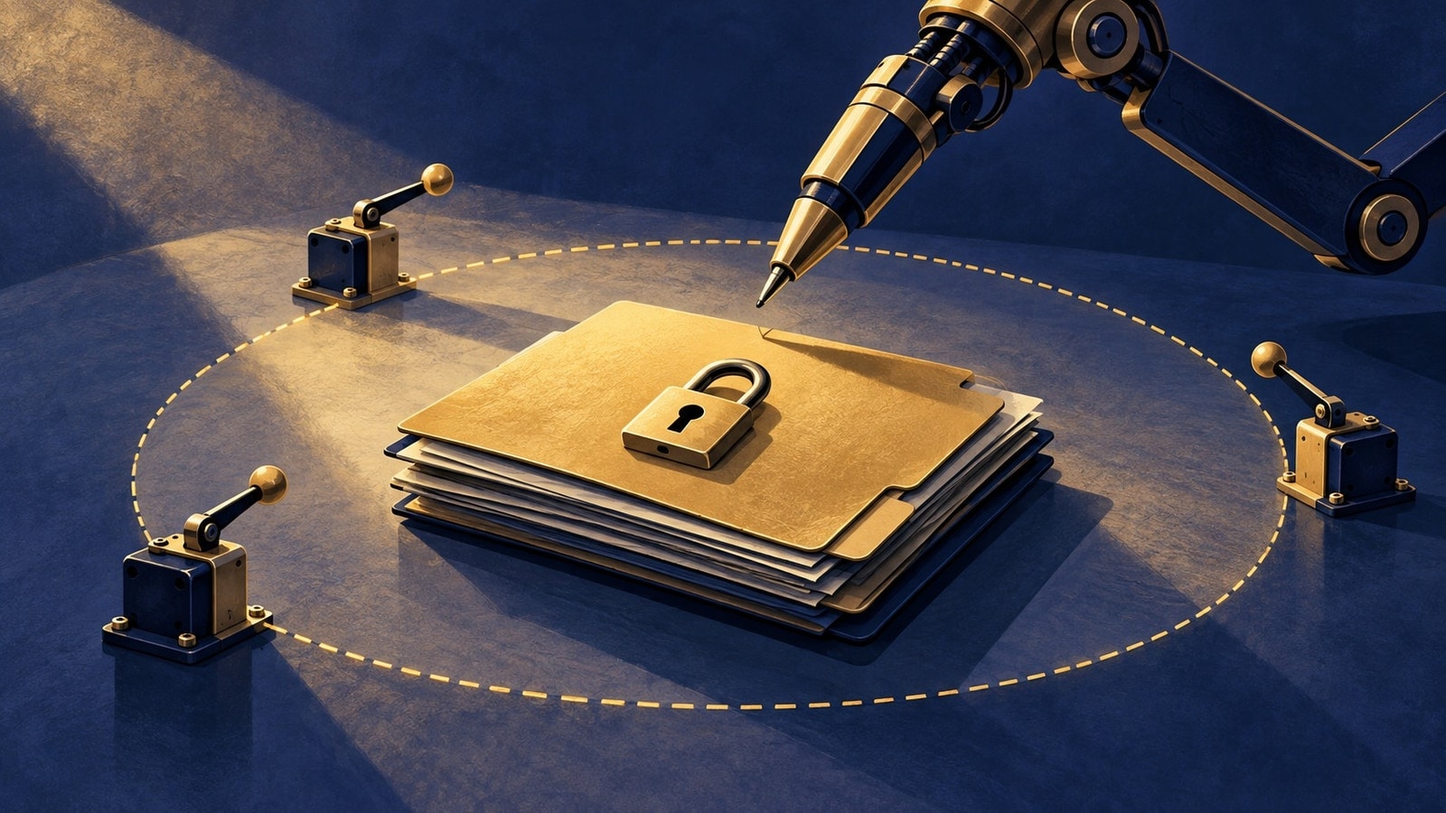 A robotic arm approaches locked documents inside a visibly bounded circle of access.