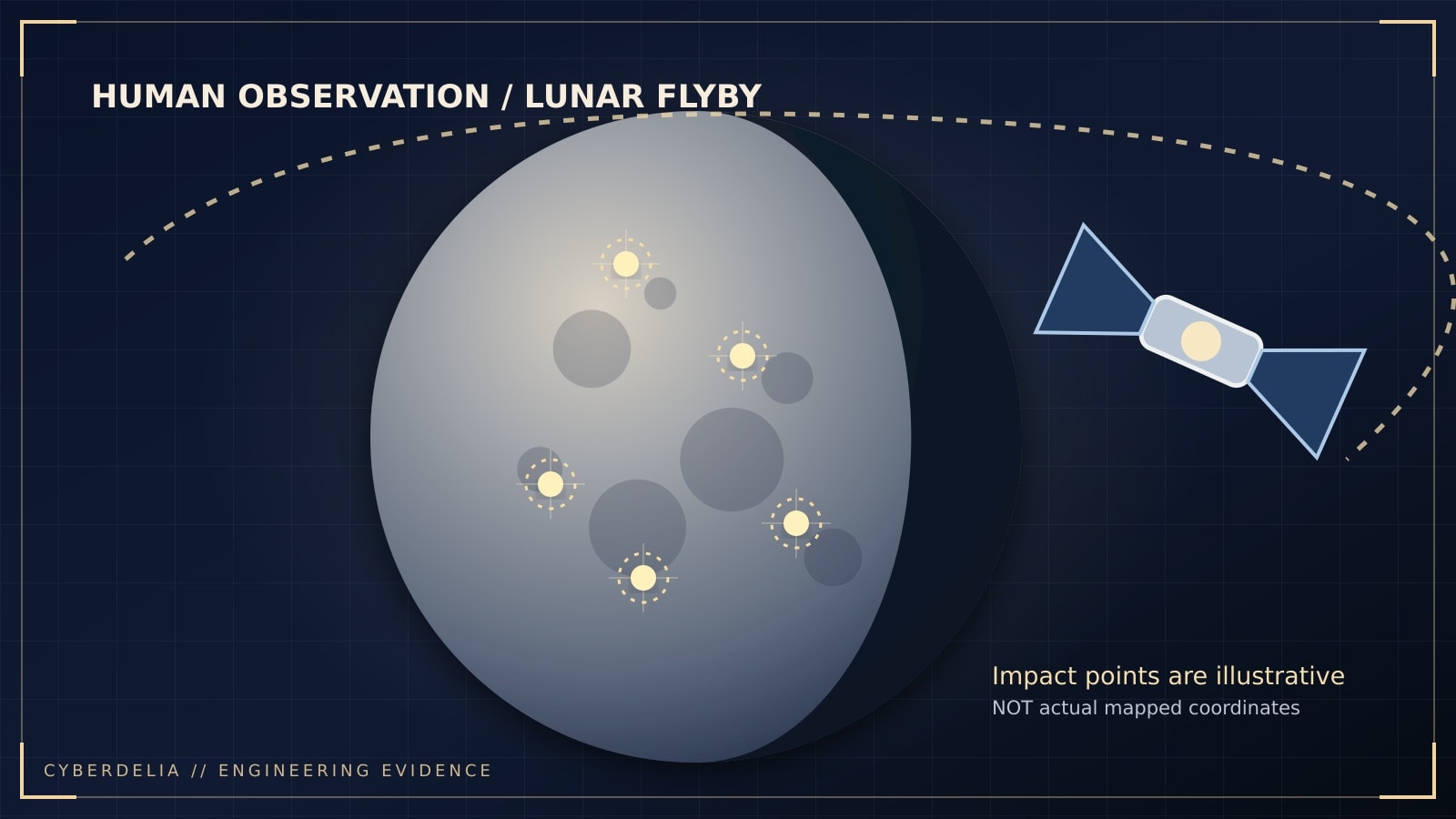 Conceptual Artemis II viewing geometry illustration showing Moon terminator, spacecraft and illustrative flashes.
