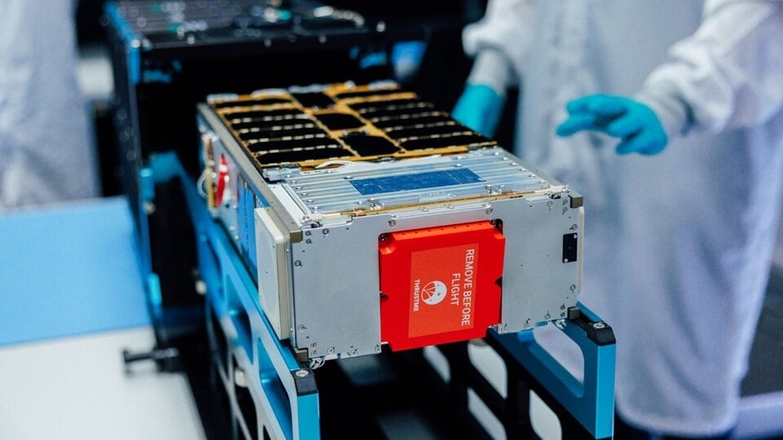 GOMX-5 spacecraft in the Exolaunch cleanroom during integration into its deployer