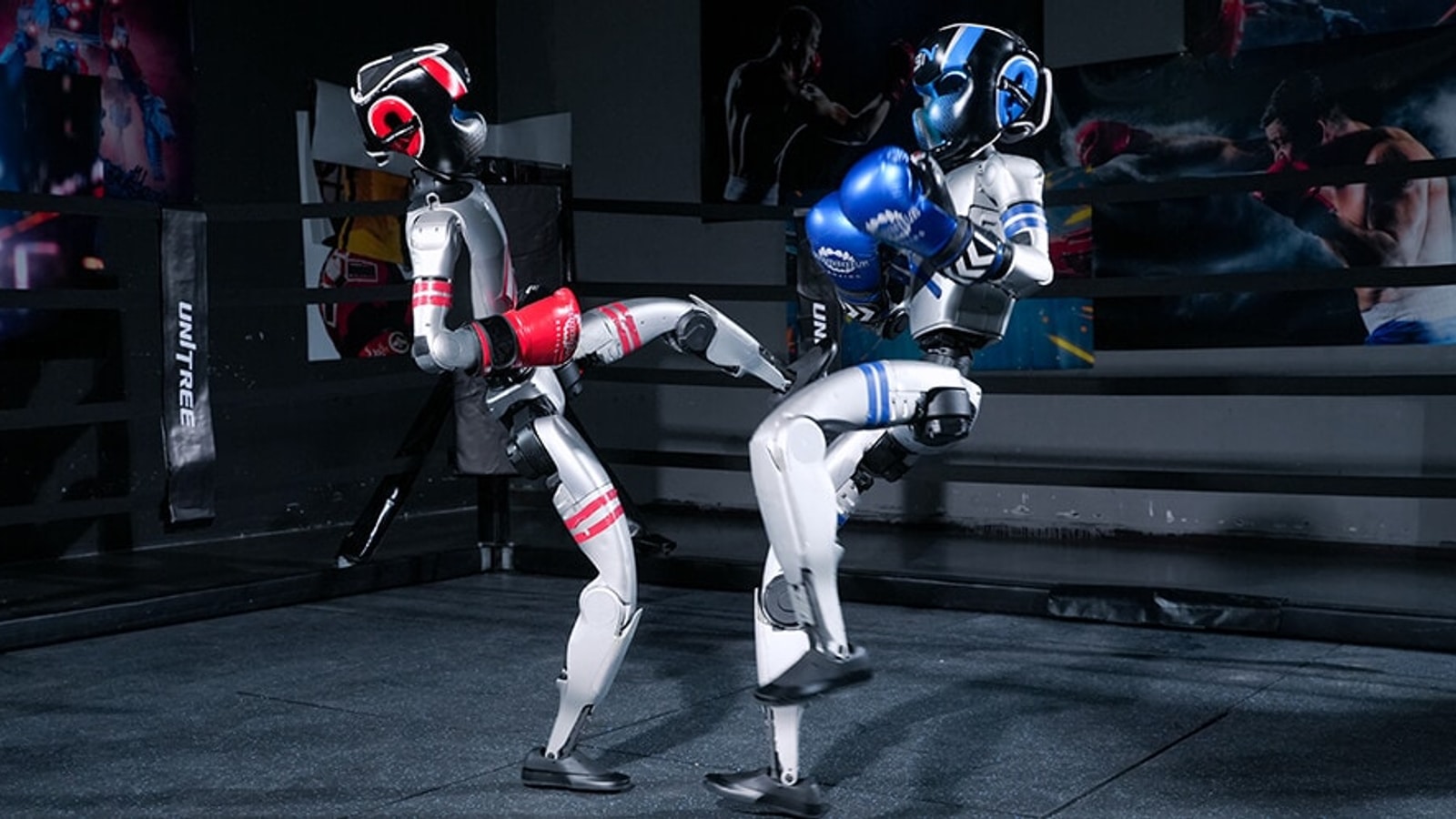 Two Unitree G1 humanoid robots performing a kick exchange in a ring