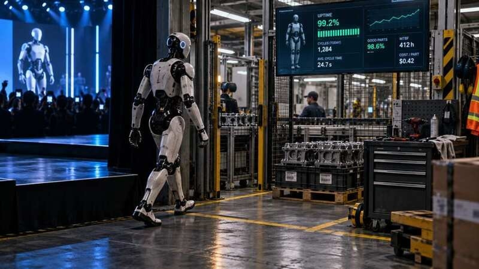 Two Unitree G1 humanoid robots boxing in a ring