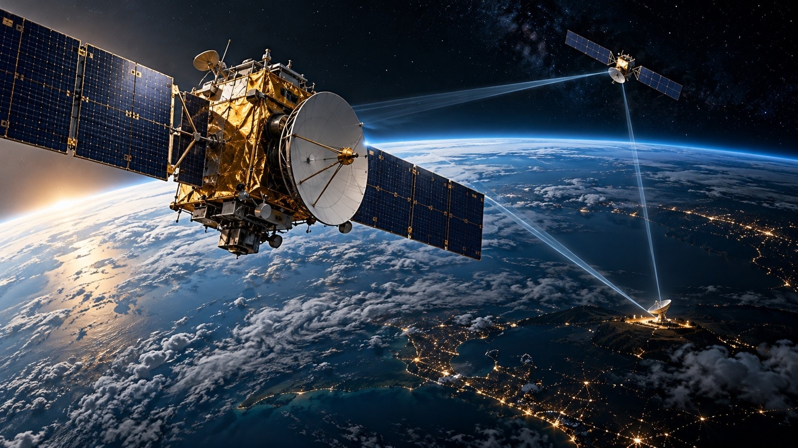 Conceptual relay satellites above Earth with illustrative communications paths to a ground antenna