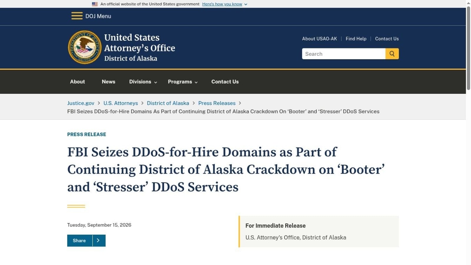 Screenshot of the Department of Justice press release announcing the NightmareStresser domain seizures
