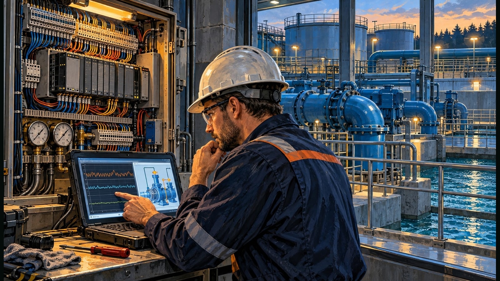 A water-treatment engineer compares diagnostic traces with an open control cabinet and the plant equipment outside.
