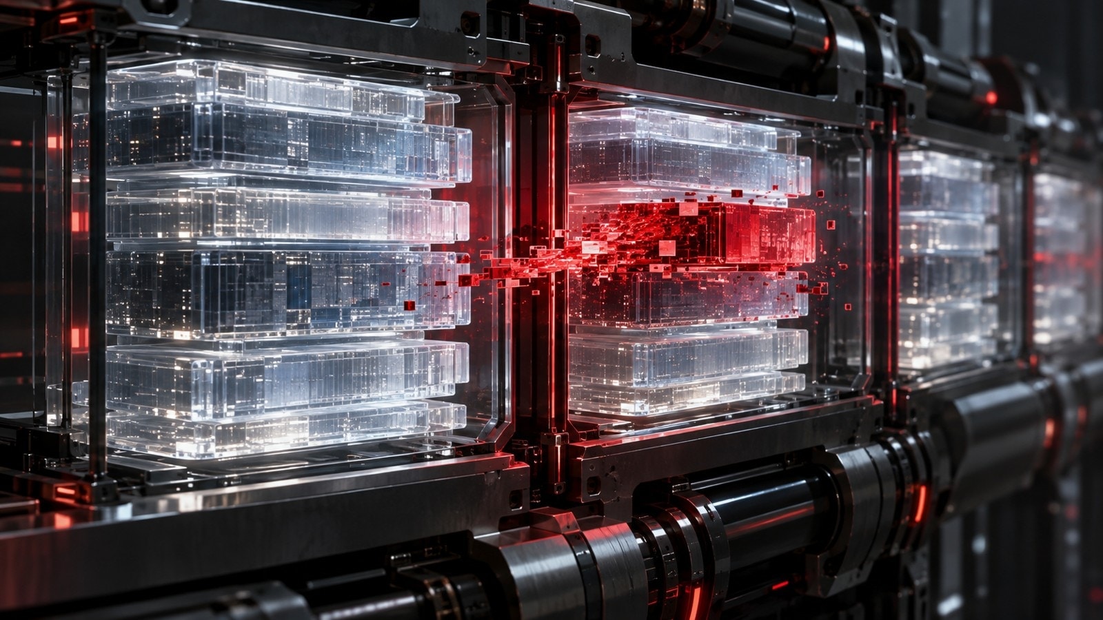 Conceptual cutaway of isolated memory compartments with red corrupted request fragments crossing a runtime boundary