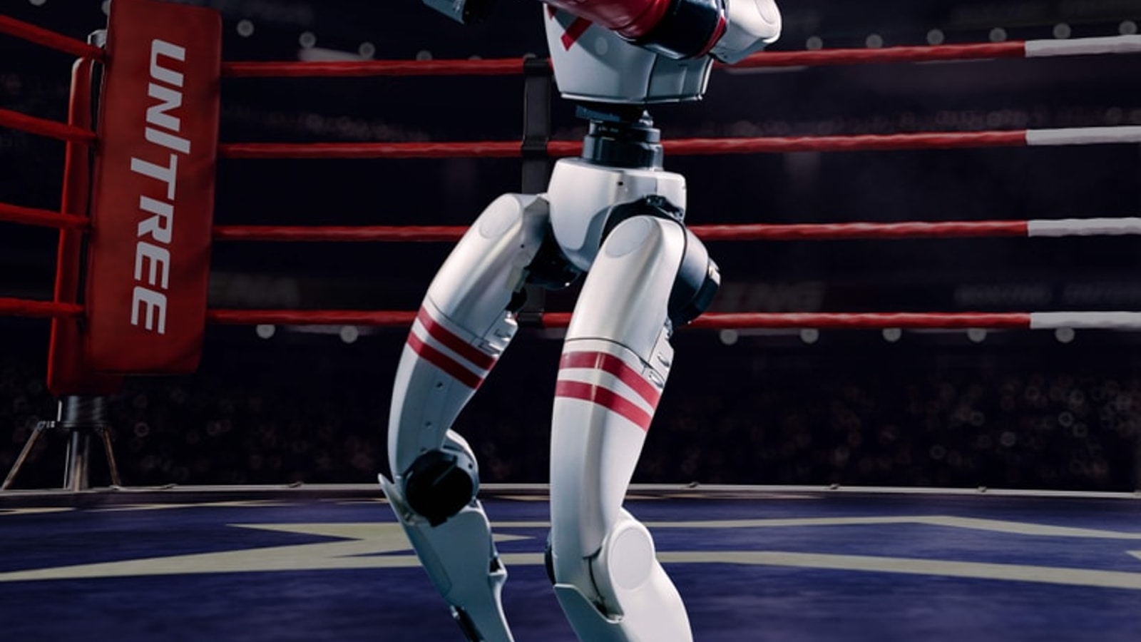 Unitree G1 humanoid robot posed in a boxing ring under spotlights