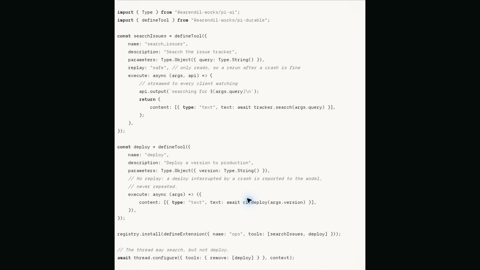 Actual Pi Durable documentation code distinguishing a replay-safe search tool from a deployment tool