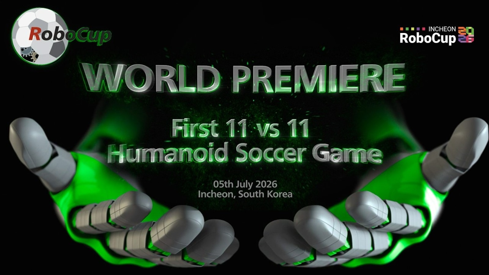 Two full teams of humanoid robots playing the first 11-versus-11 hardware football match at RoboCup 2026 in Incheon