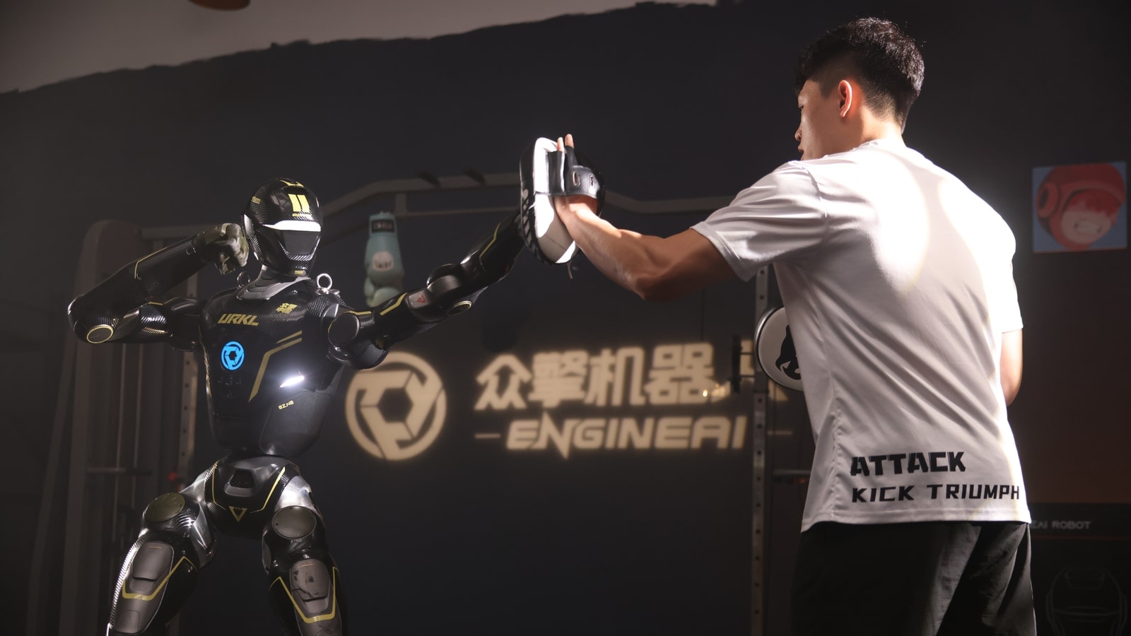 EngineAI humanoid robot training for URKL combat competition