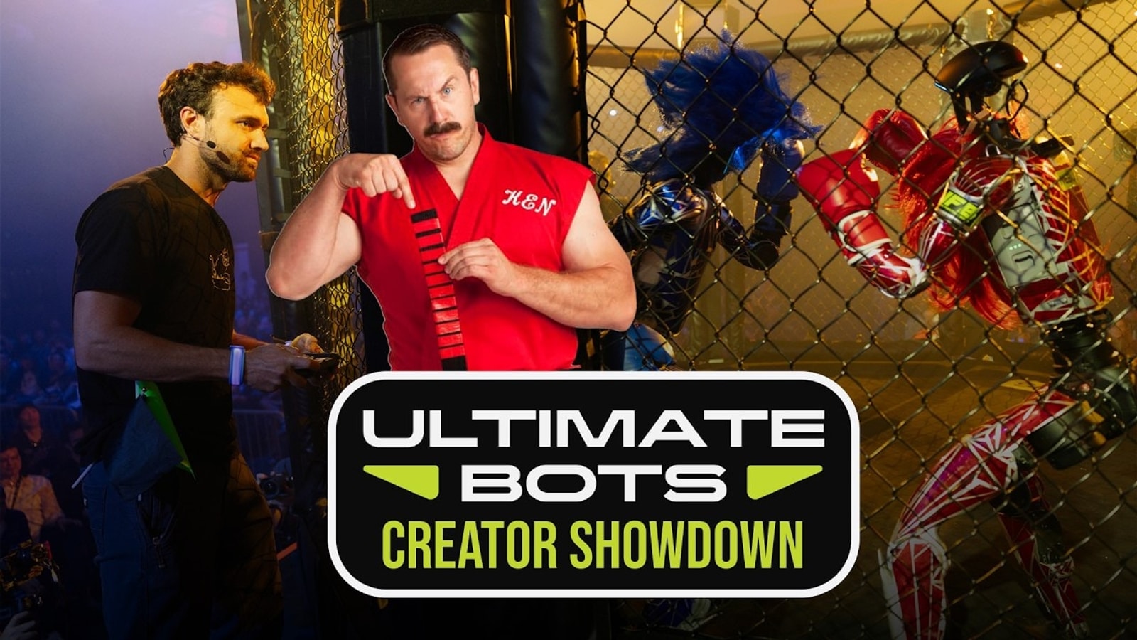 Humanoid robots competing in an Ultimate Bots arena
