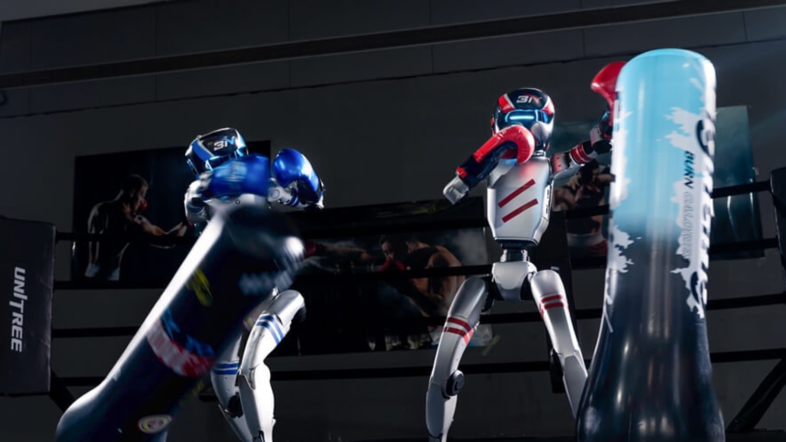 Unitree G1 humanoid robots exchanging punches in a boxing ring