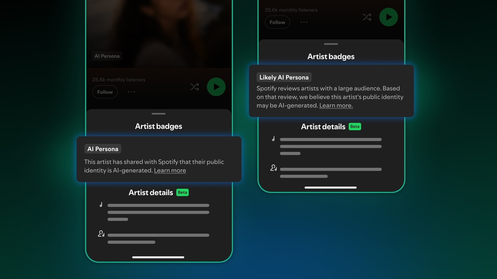 Spotify mobile interface mockups explaining AI Persona and likely AI Persona artist badges