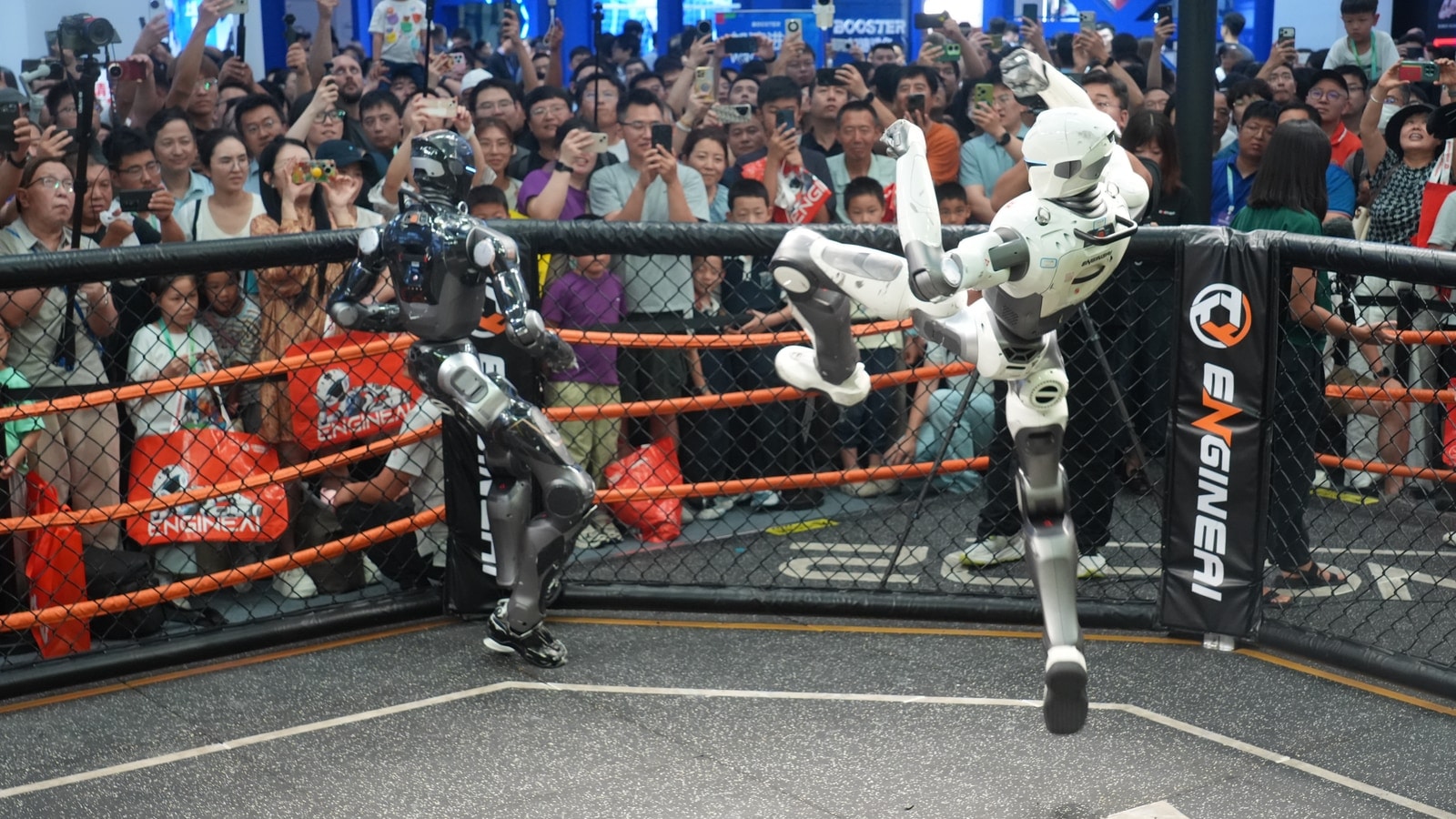 EngineAI humanoid robot combat demonstration during the 2026 World Robot Conference
