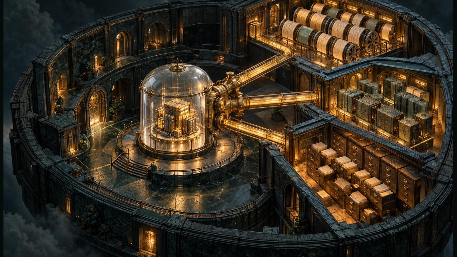 A sealed computing chamber reaches conversation reels, agent modules and memory drawers through permitted channels inside one account perimeter.