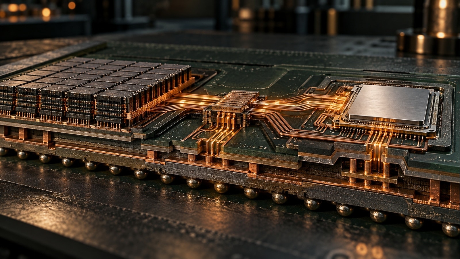 Conceptual cross-section of a processor package with memory banks and copper interconnects.