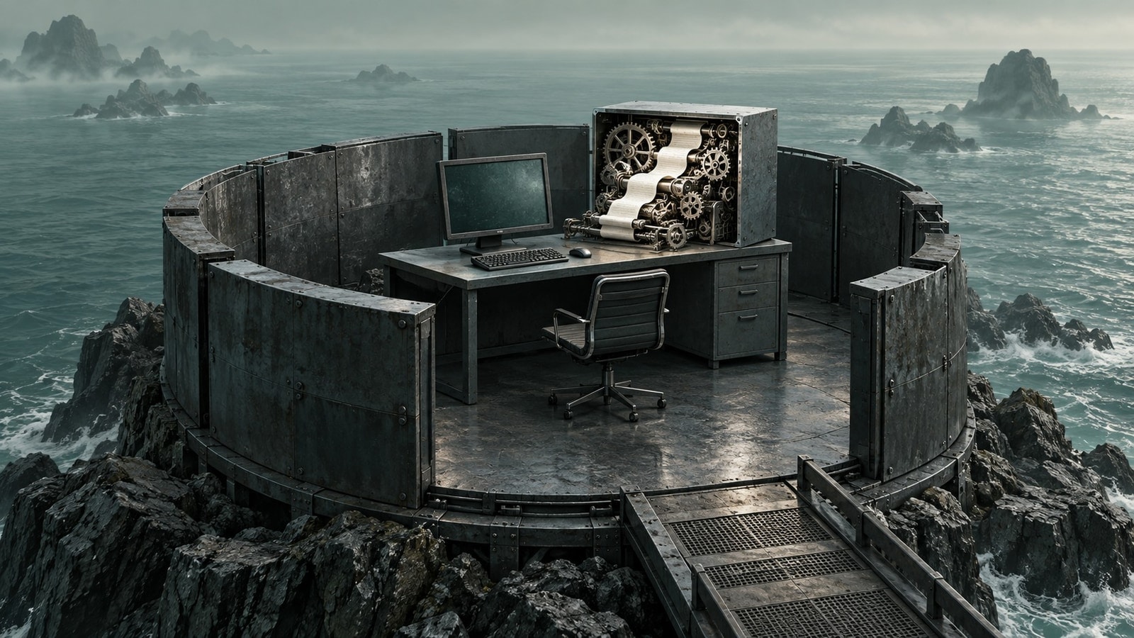 A disconnected workstation stands inside a circular sea-walled enclosure with a controlled physical entrance.