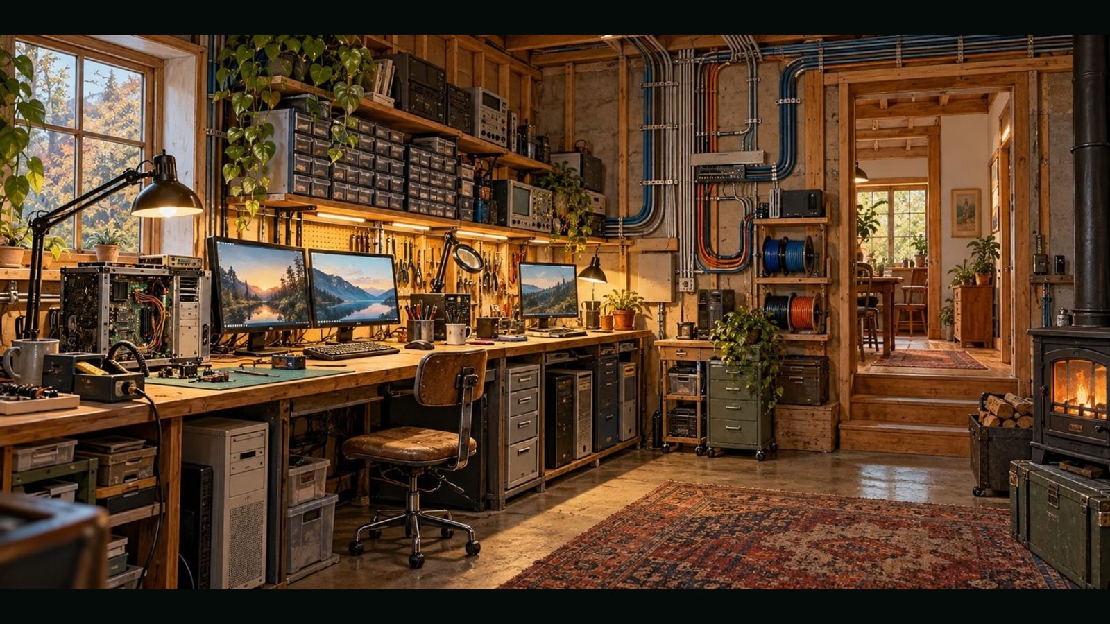 Conceptual home workshop with reused computers, parts storage, warm task lighting and accessible cable routes.