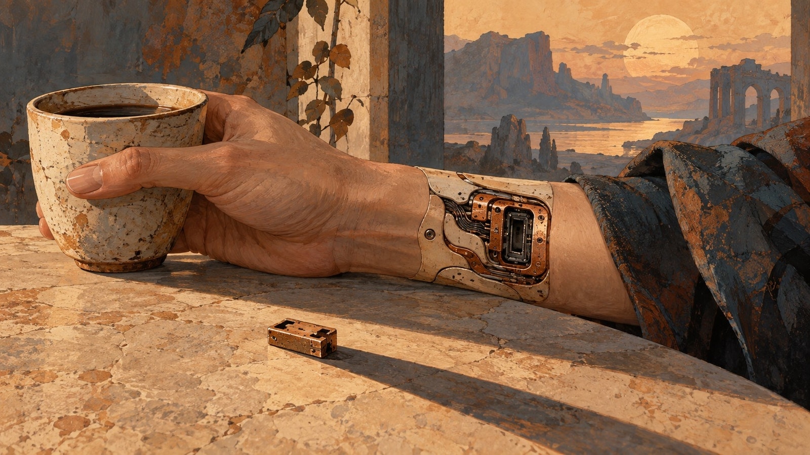 A prosthetic forearm reaches for a ceramic cup beside a loose service component on a weathered table.