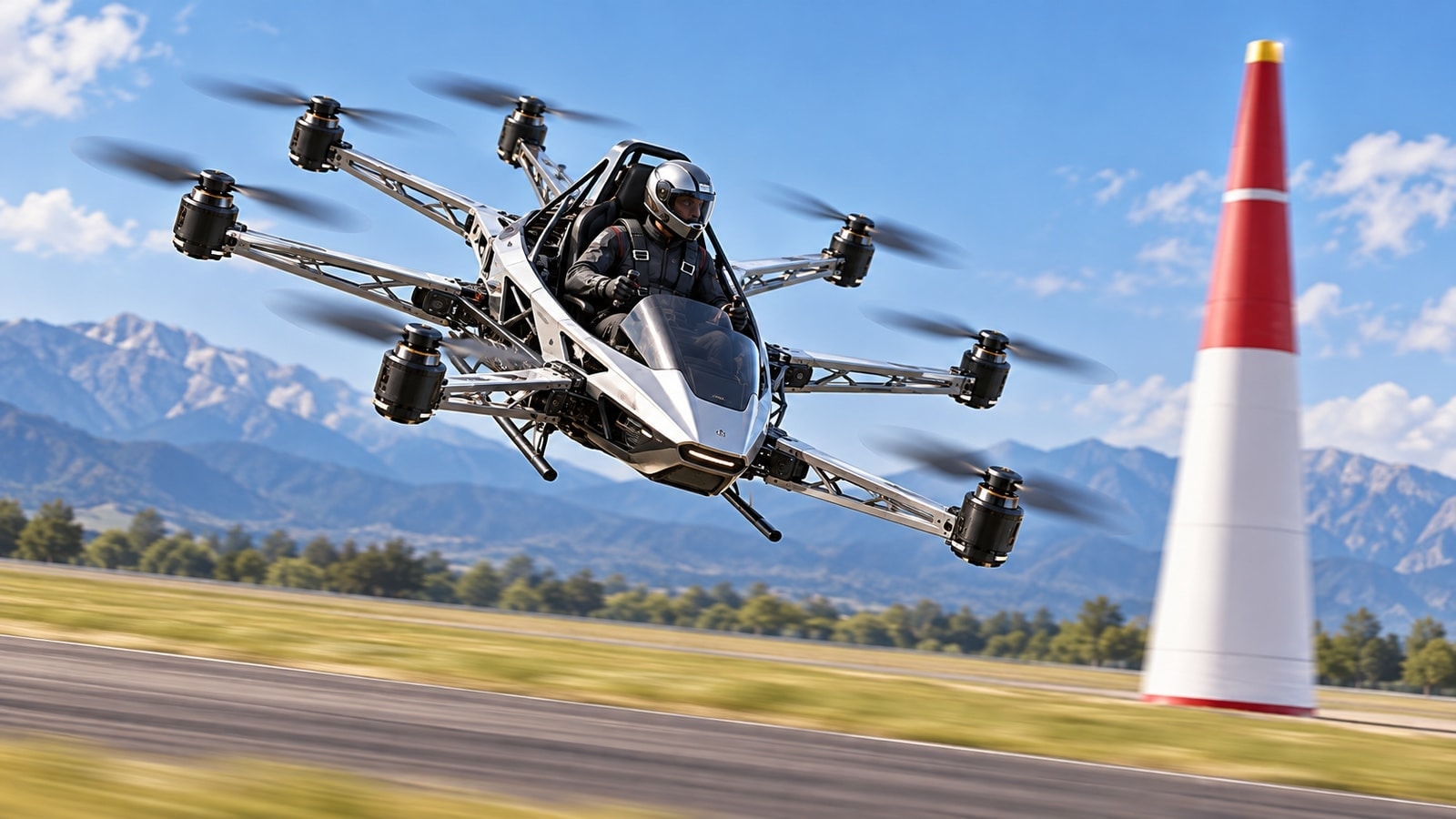 Conceptual illustration of a helmeted pilot flying an open-frame electric multicopter beside an airfield pylon.