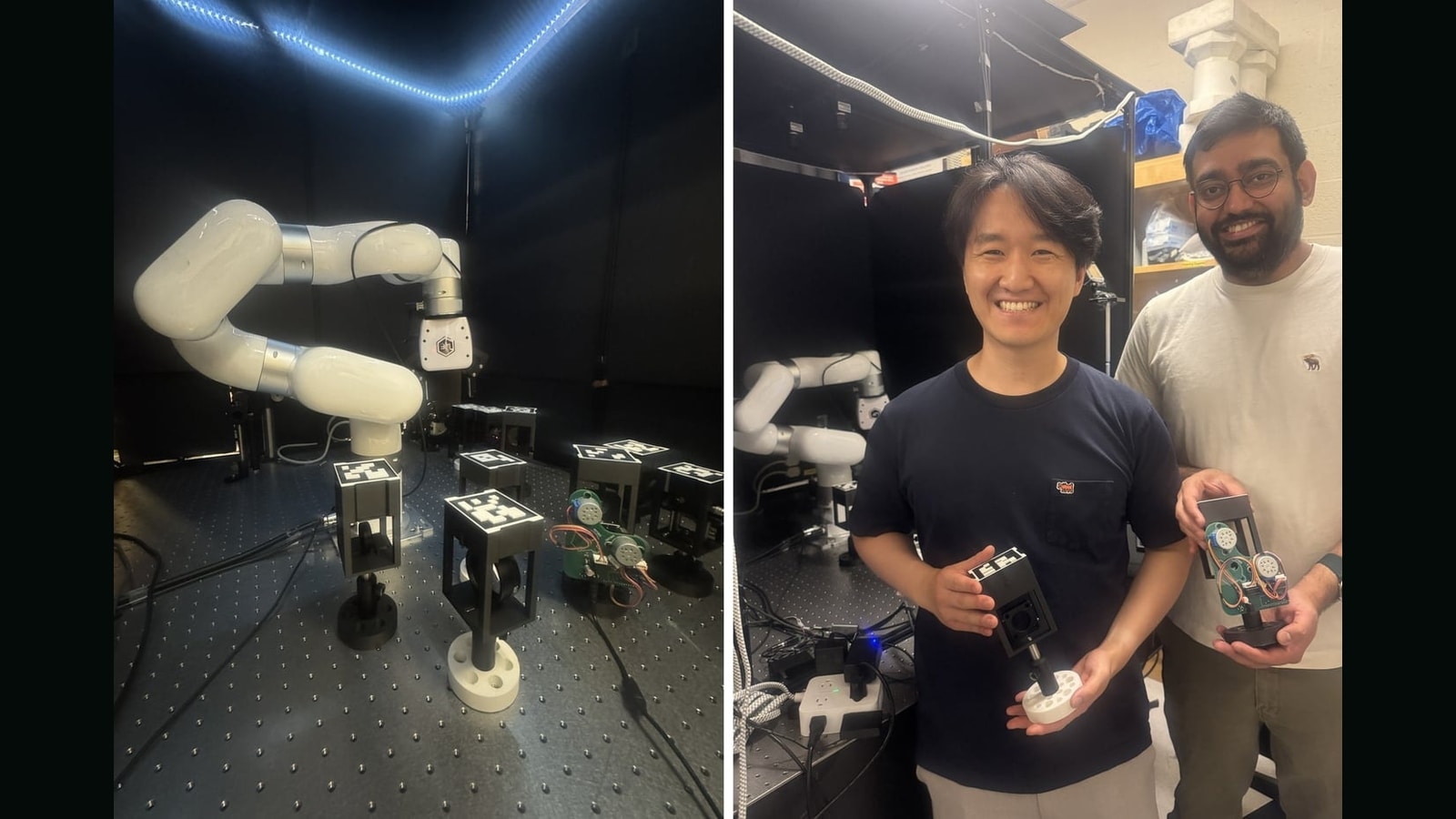 Robotic optics experiment and researchers Seou Choi and Sachin Vaidya with optical components