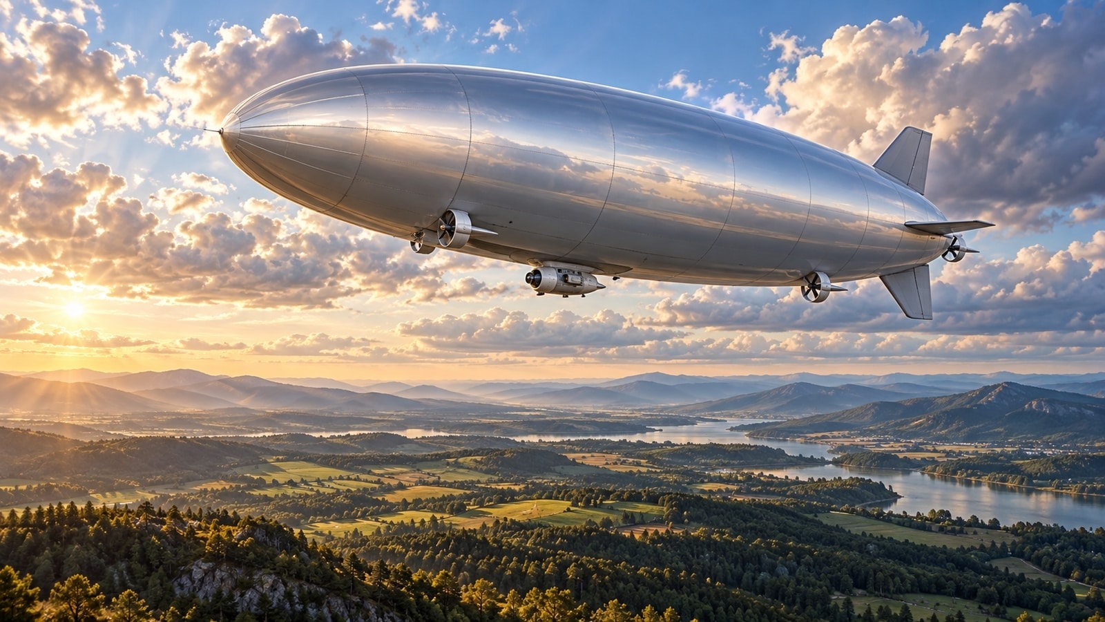 Conceptual illustration of a silver helium airship with a small uncrewed sensor gondola above open countryside.