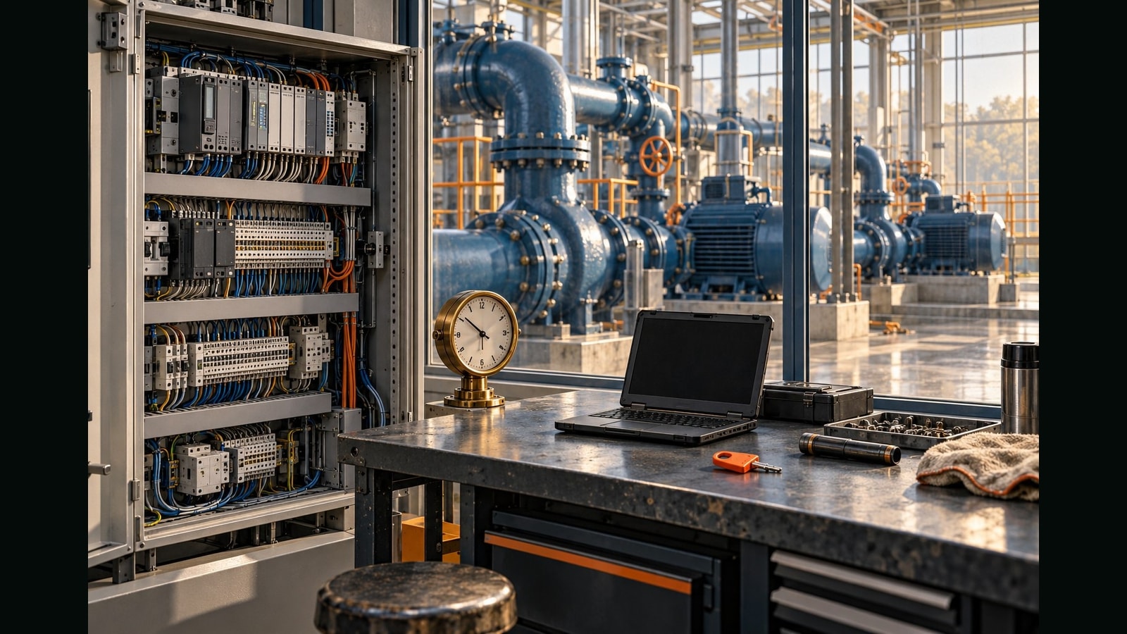An industrial control cabinet and maintenance workstation beside water pumps, with a clock and maintenance key.