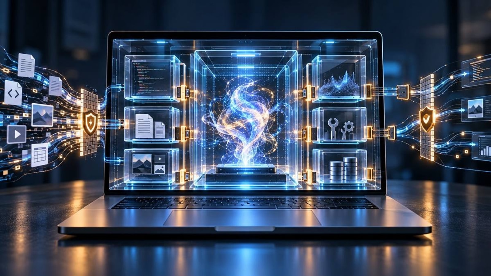 A laptop visualized as a secure AI containment system, with the central agent isolated inside nested execution chambers while files, tools, databases and network traffic pass through guarded boundaries.