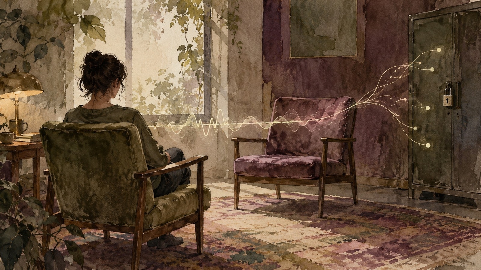 A seated person in a worn room is linked by a faint physiological waveform to a wall-mounted monitoring panel.