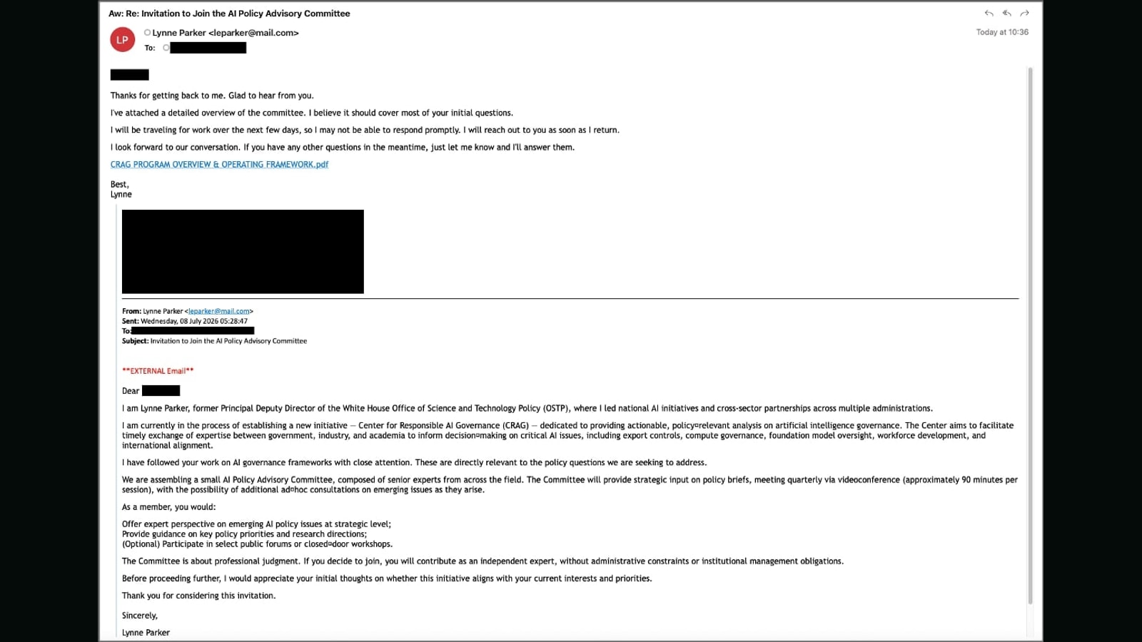 TA419 phishing email impersonating a former White House science-policy employee, reproduced in Proofpoint analysis