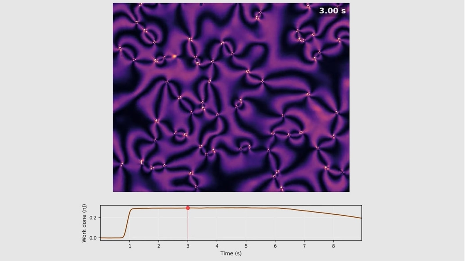 Liquid-crystal experiment visualization and measured work over time
