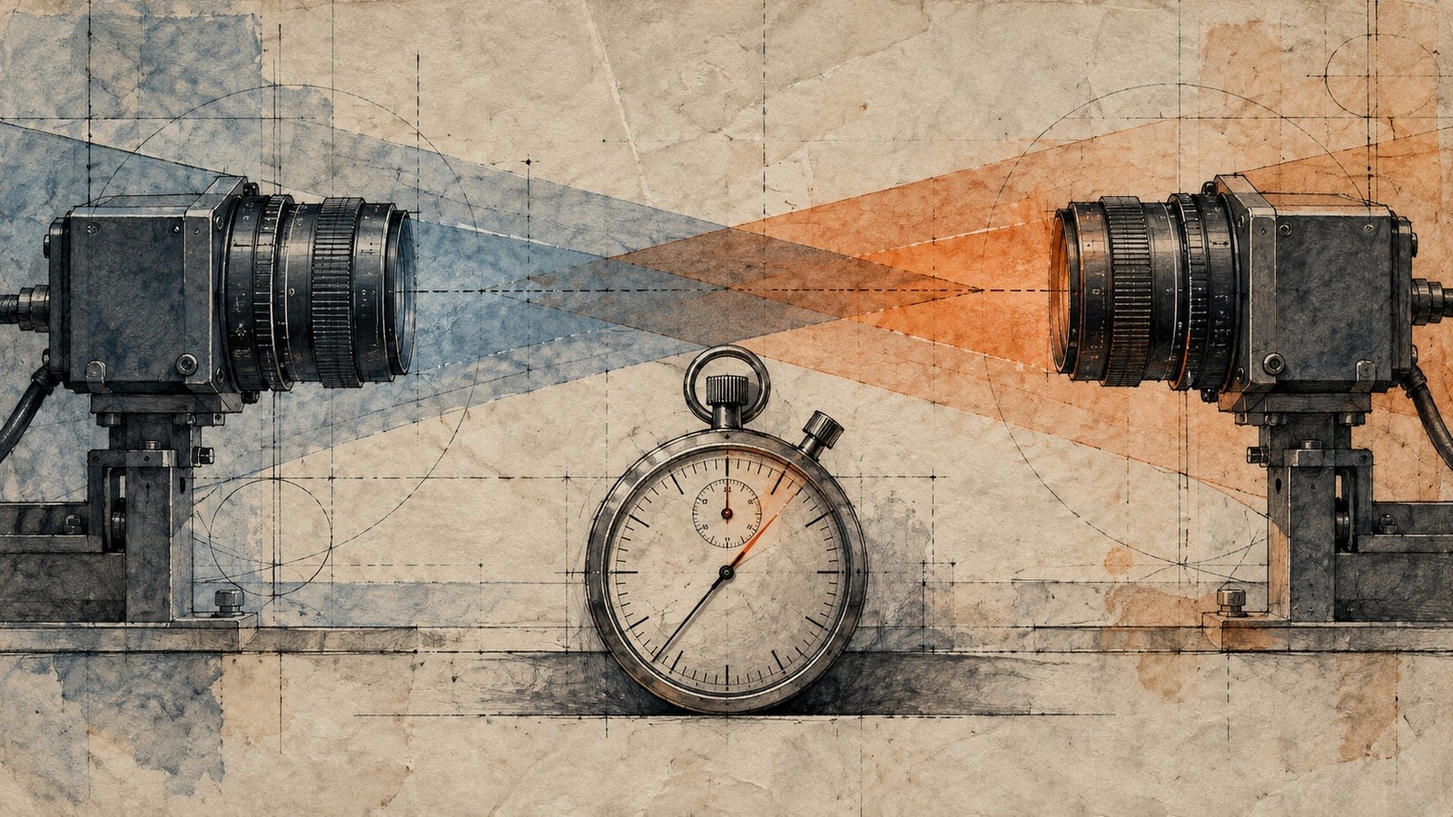 Opposing cameras and a stopwatch sit over a map with overlapping measurement fields.