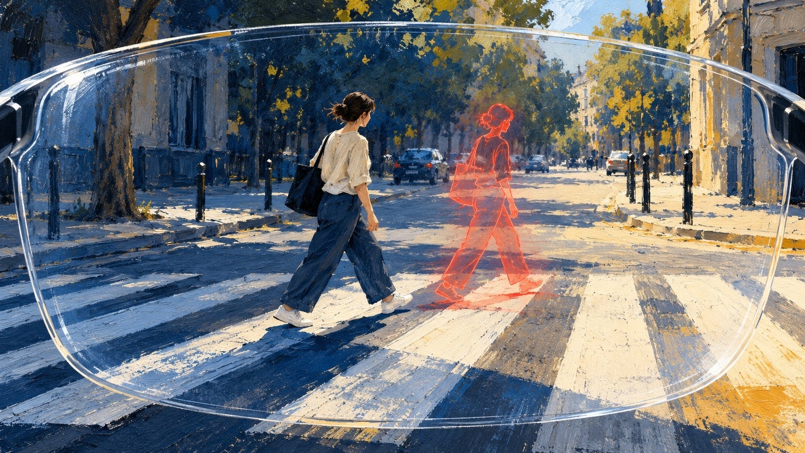 A transparent viewing lens overlays a red predicted figure on a person crossing an ordinary street.