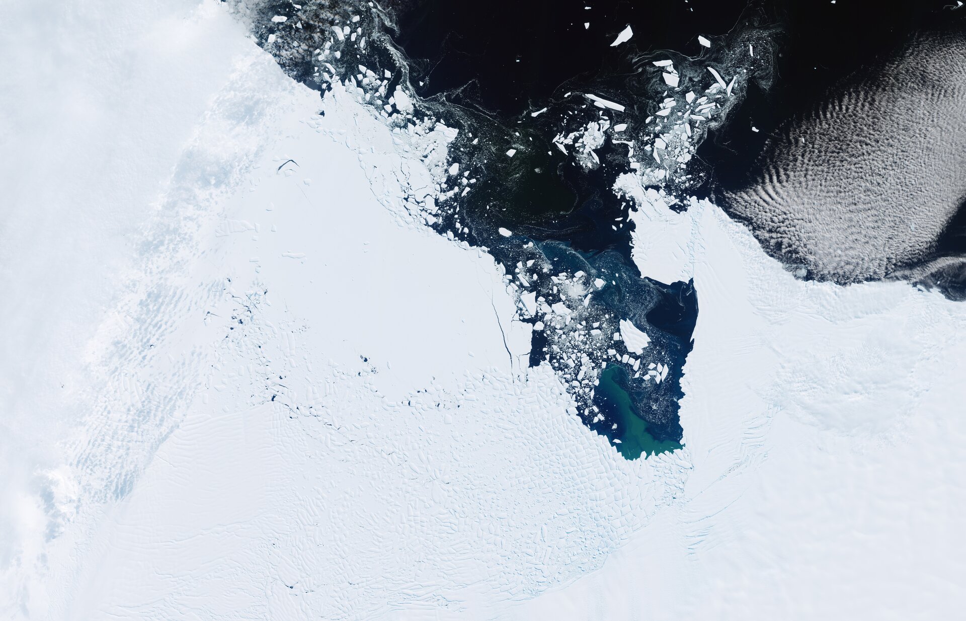 Copernicus Sentinel-2 view of Thwaites Glacier in February 2026, illustrating the polar ice question that CryoRad would investigate.