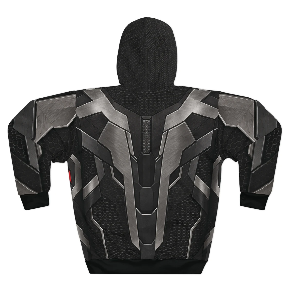 Uploaded back garment preview of the Iron Vector hoodie, with silver segmented spine and dark honeycomb artwork.