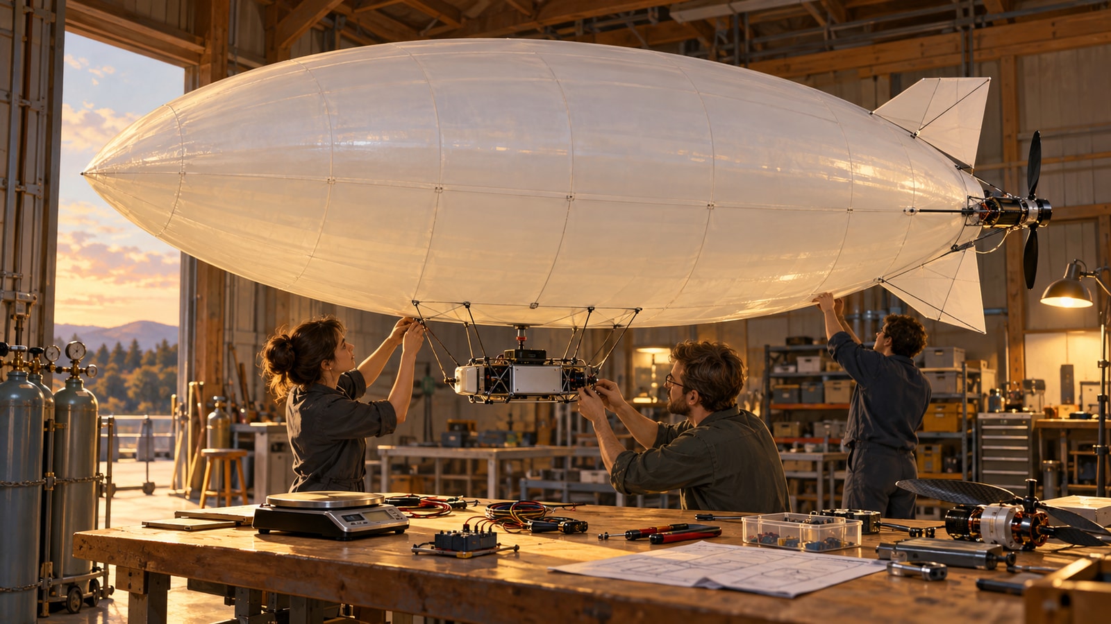 Imagined workshop assembly of a small experimental helium airship and its lightweight electronics.