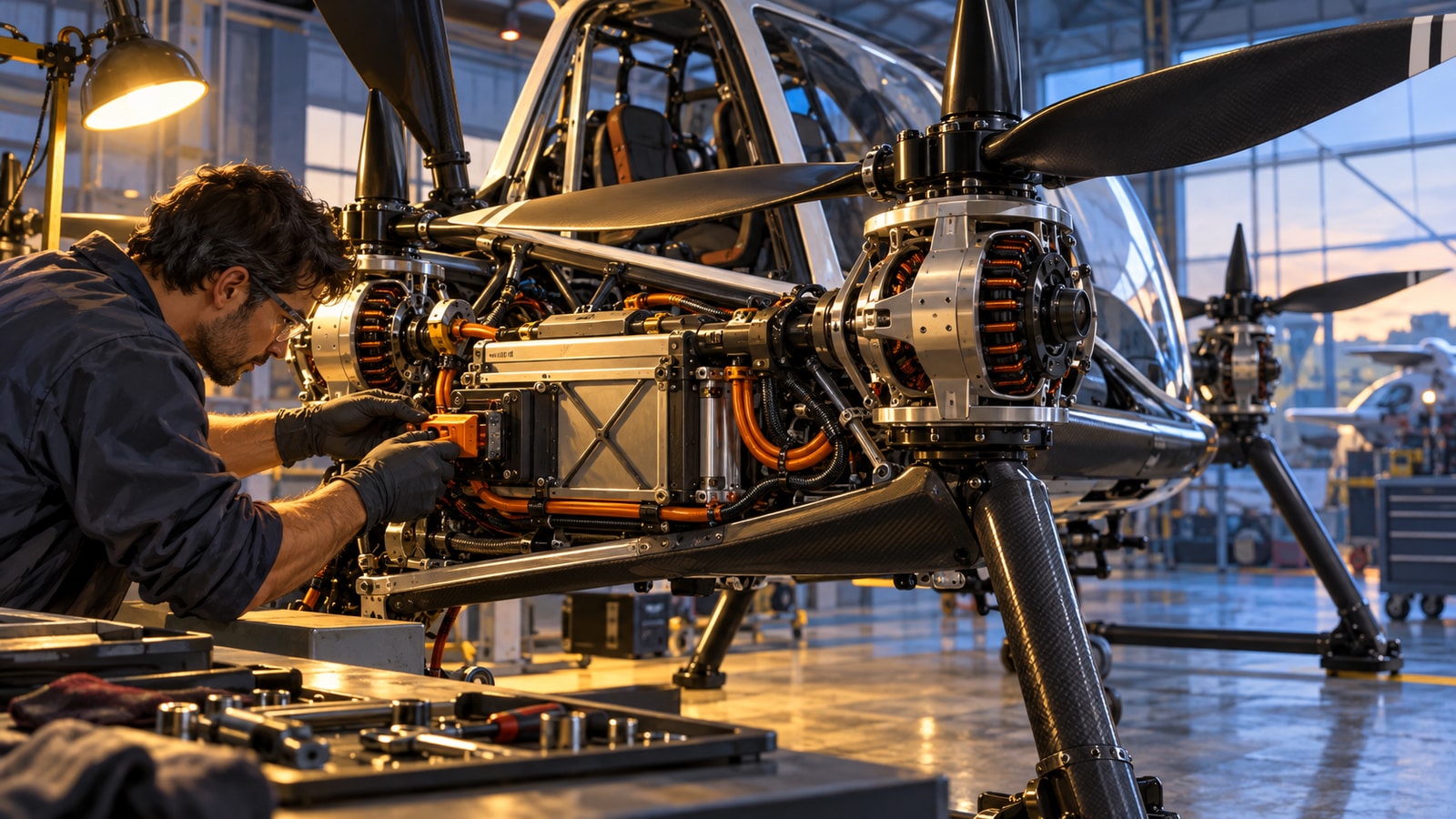Conceptual workshop illustration of a technician inspecting an electric aircraft motor and battery assembly.
