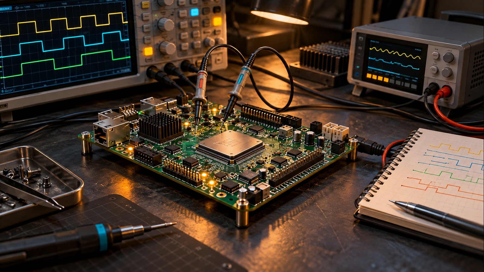 Conceptual electronics test bench with a development board, oscilloscope probes and measurement instruments.
