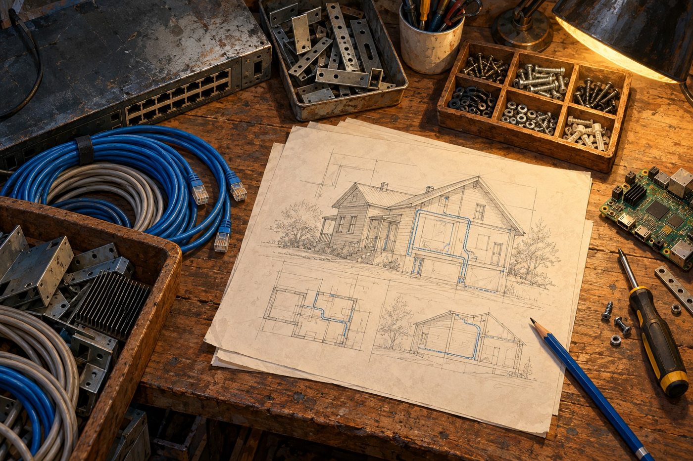 Conceptual planning bench with recovered electronics, sorted hardware and a pencil house layout.