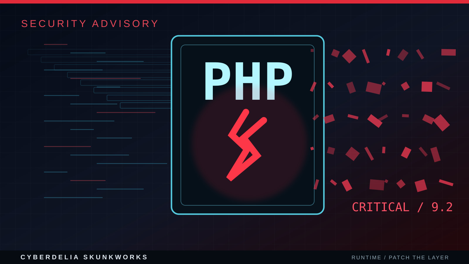 Conceptual PHP runtime illustration with a fractured execution boundary and displaced memory blocks