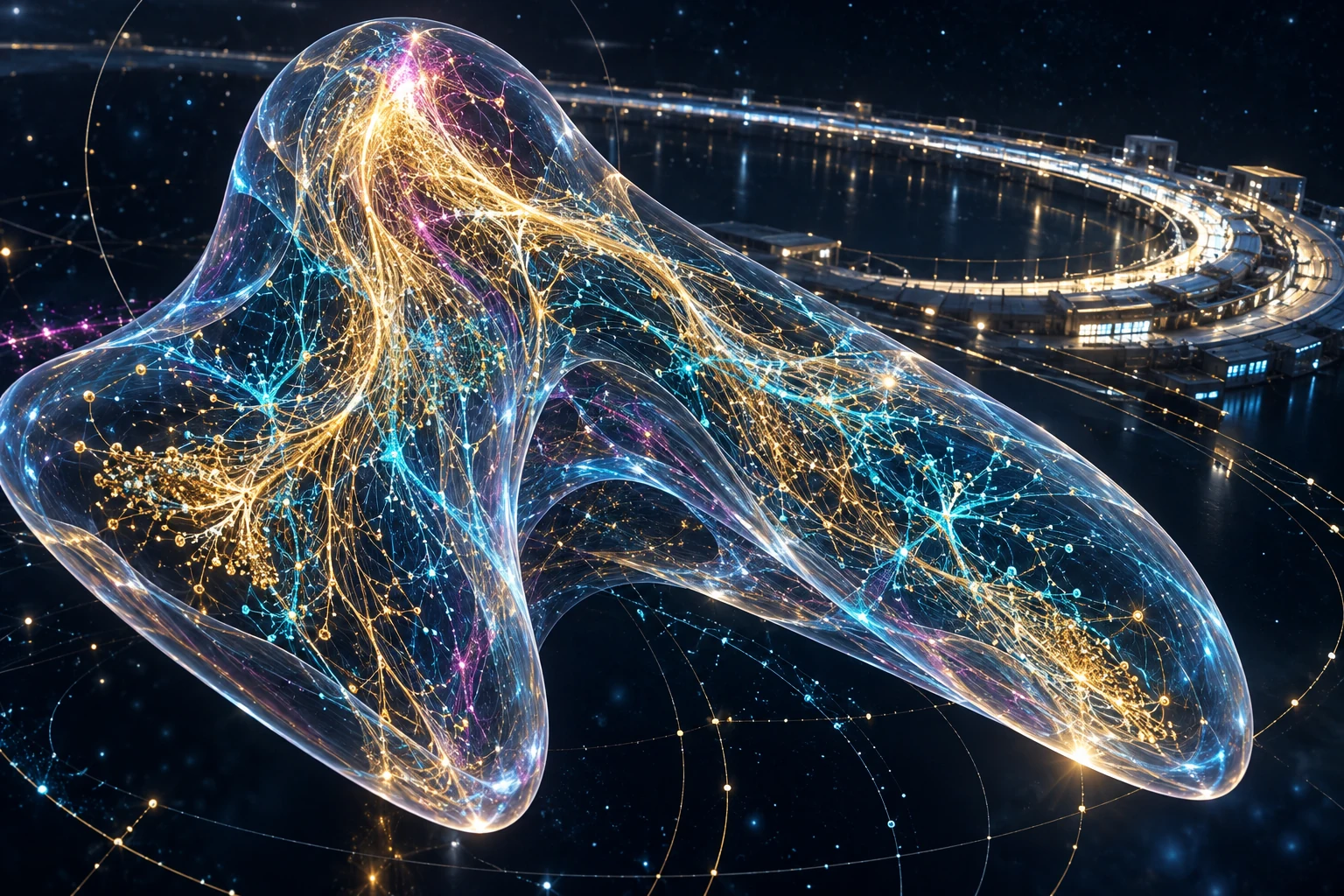 Conceptual gold and cyan branching pathways suspended in a translucent volume beside a glowing synchrotron arc.