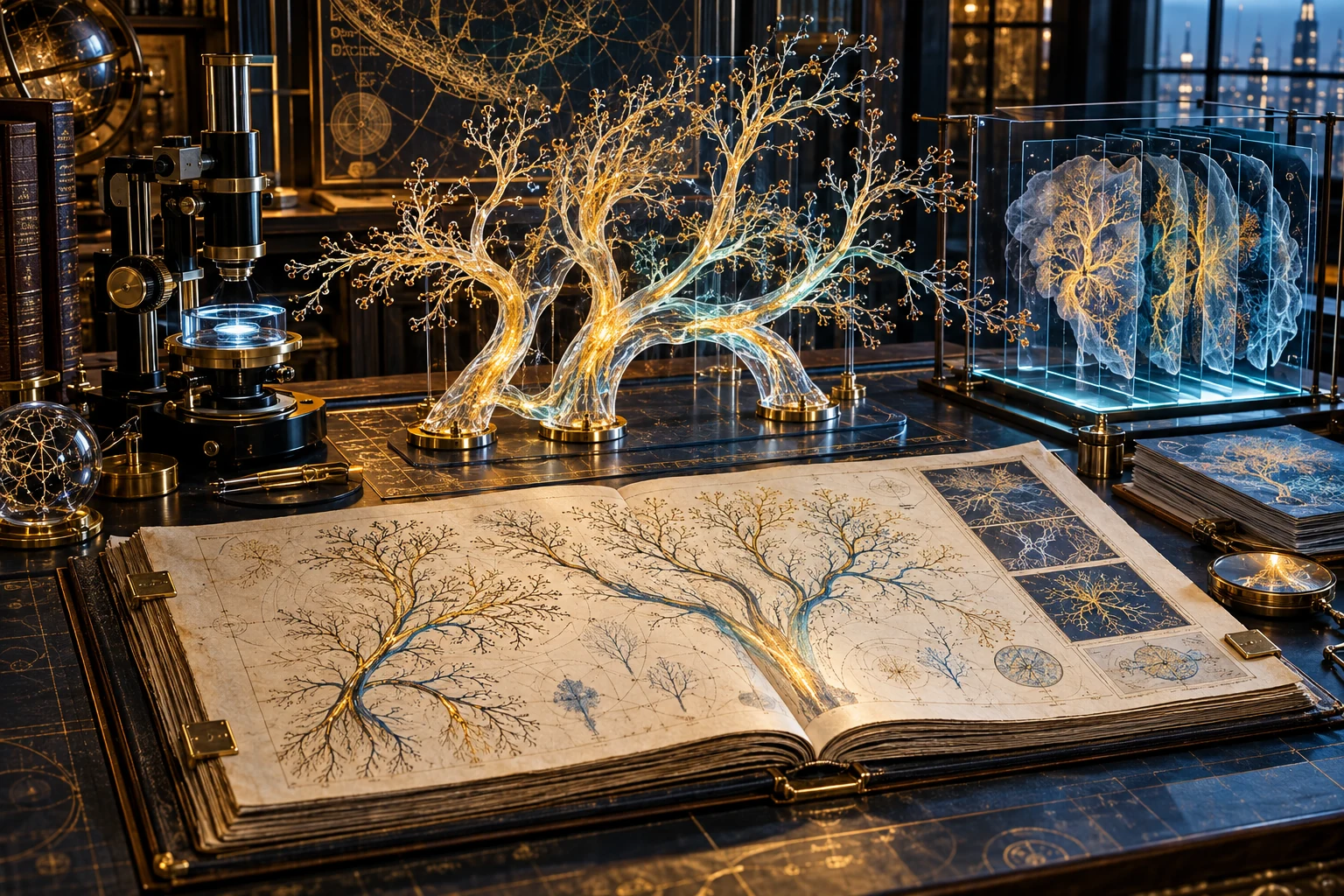 An archival atlas and a luminous branching reconstruction share a futuristic cartographer’s workbench.