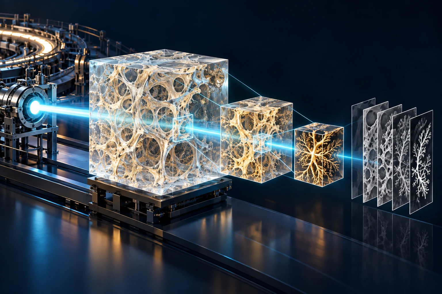 Conceptual nested volumes and reconstructed slices connect a large-scale scan with fine branching structures.