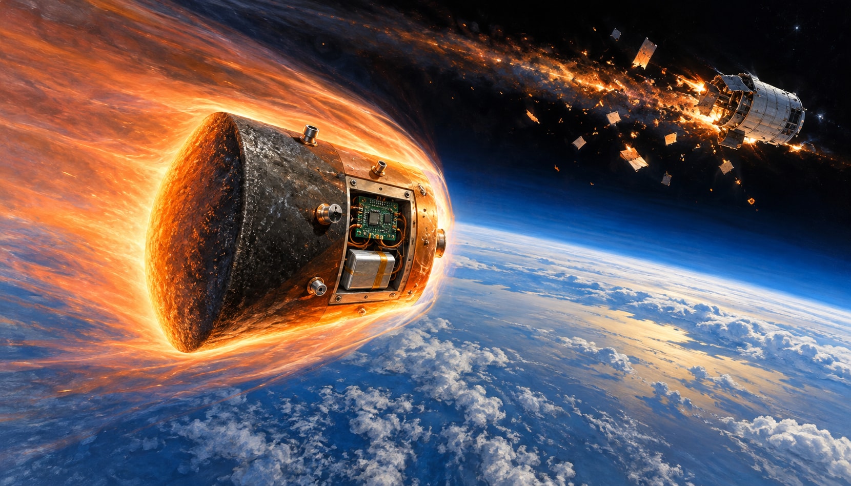 Conceptual cutaway of a small uncrewed heat-shield test capsule with onboard sensors during atmospheric reentry.