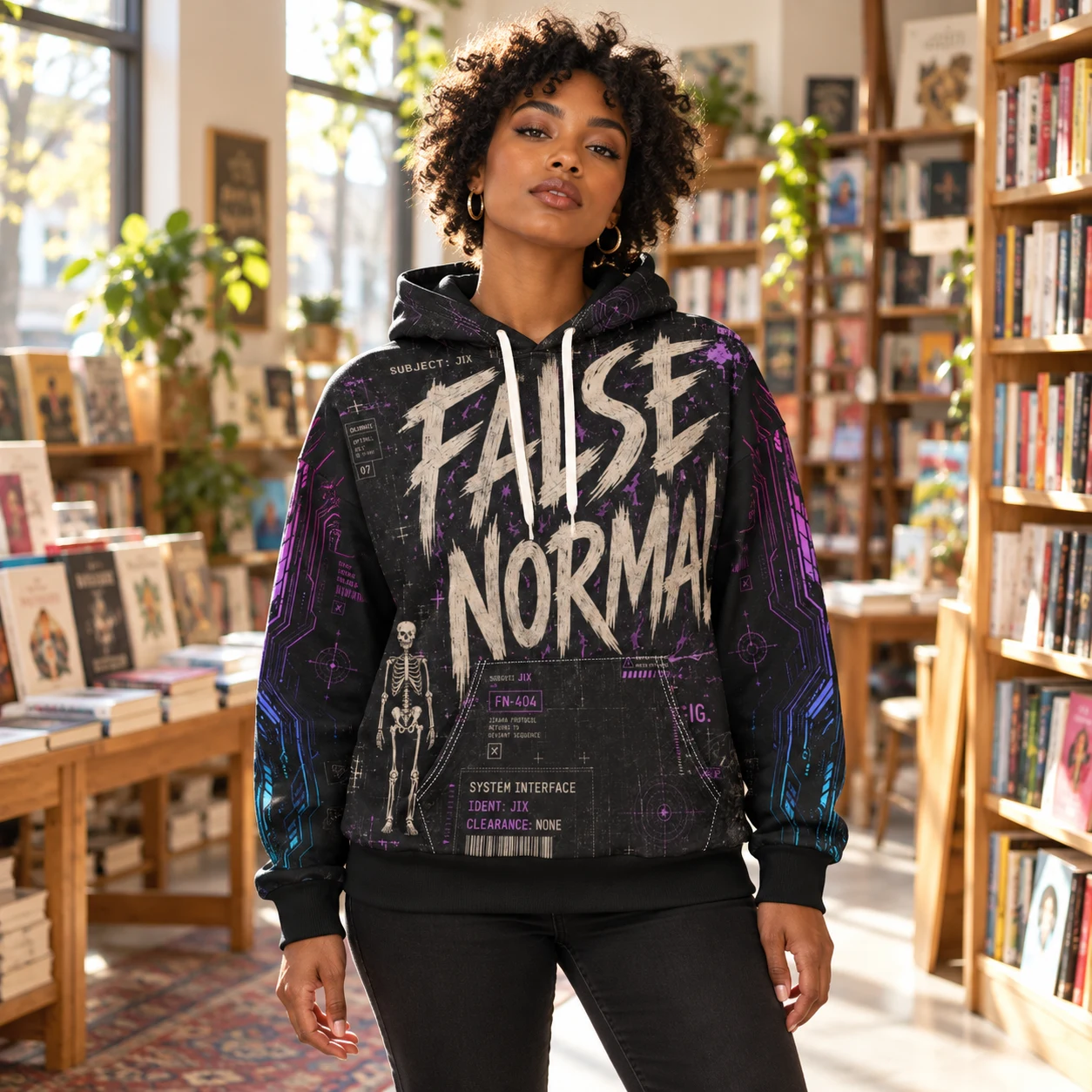Front view in a sunlit bookstore; Jixara Protocol hoodie model visualization.