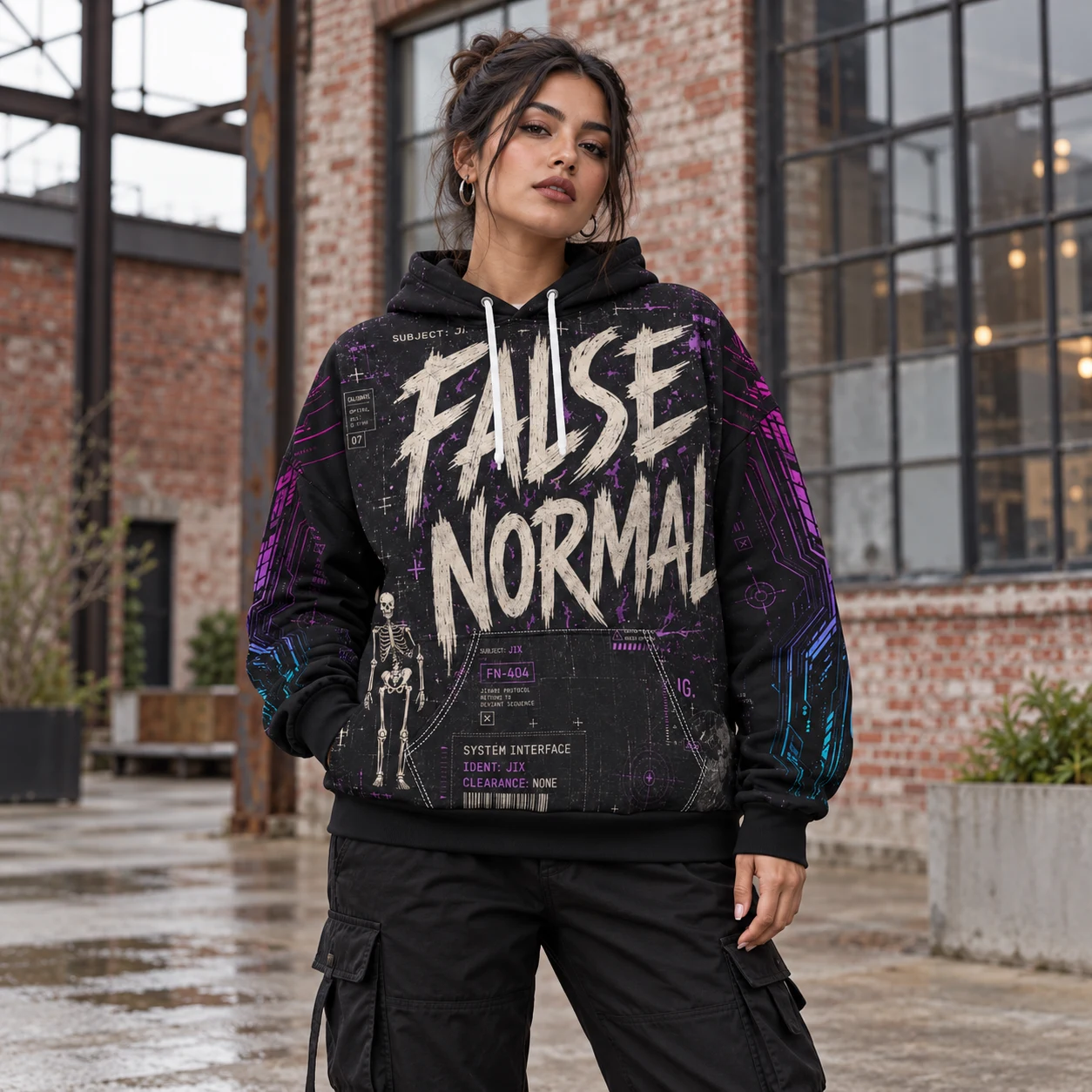 Front view in an industrial courtyard; Jixara Protocol hoodie model visualization.